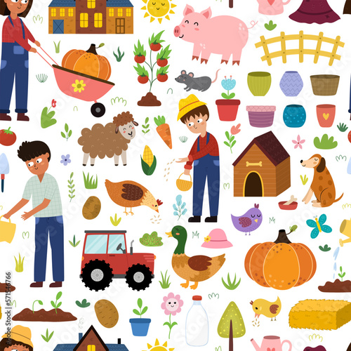 Doodle farm seamless pattern with cute characters in cartoon style. Kids farmers with domestic animals background. Hen, sheep, duck, pig and other characters. Vector illustration