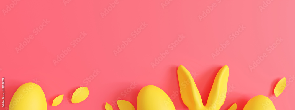 Vivid, pink background with yellow Easter eggs, rabbit ears and copy space. Vibrant Easter backdrop. Empty space for text, advertising. Trendy design. Pascha, Happy Easter Day. 3D render.