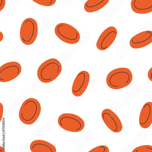 Hand drawn cute seamless pattern with erythrocytes. Flat vector transfusion and blood donation print design in doodle style. Medicine, menstruation concept. Repeated background, wrapping or wallpaper.