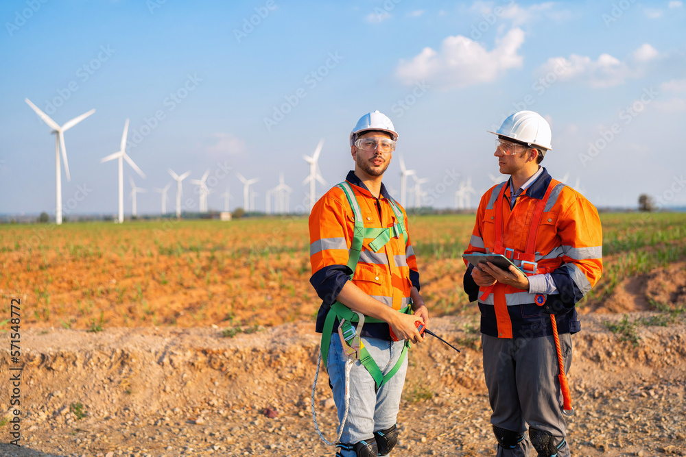 Fototapeta premium Wind turbine service engineer plan for inspection and maintenance renewable electricity generator