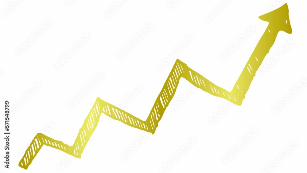 Animated financial growth chart with trend line graph. golden icon of arrow. Growth bar chart of economy. Hand drawn vector illustration isolated on white background.
