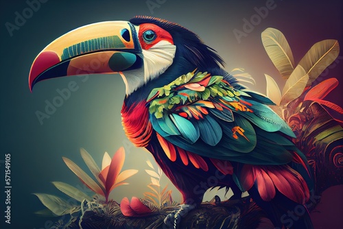 Illustration of a tropical rainforest with parrot. Tropical wallpaper background with plants and birds. Generative AI