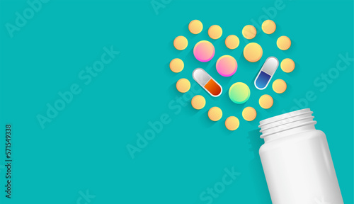 Pill bottle and round pills on the table. 3d, vector image.
