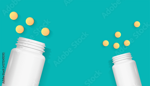 Pill bottle and round pills on the table. 3d, vector image.
