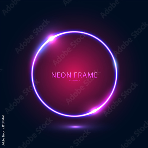 Neon round frame with lights on a dark blue background. Geometric shape of the glow contour or laser glowing lines. Abstract futuristic geometric neon light background. Vector illustration.