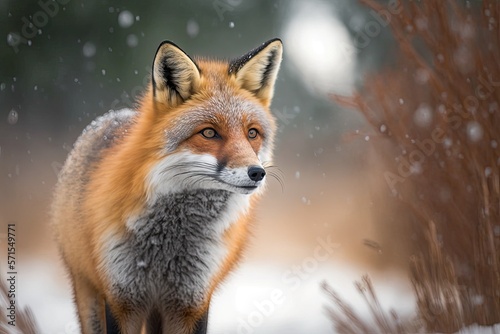 Red Fox (Vulpes vulpes), standing straight up, making direct eye contact, with some snow on its face and background trees in bokeh. Generative AI © 2rogan