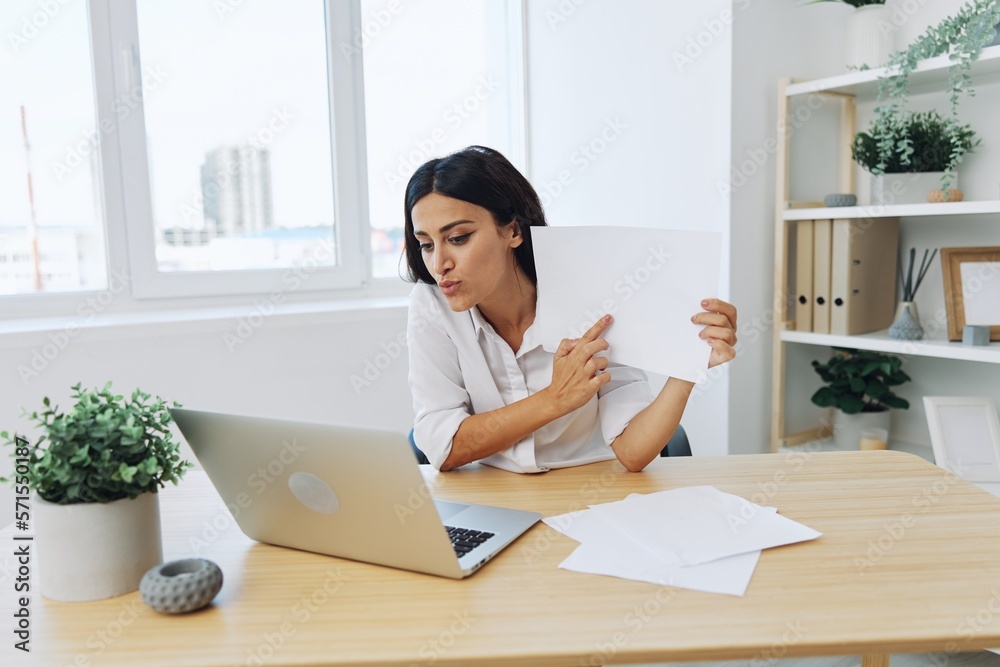Woman business freelancer via video link via laptop shows papers online for startup, smile and happiness in employee chat, training online Woman business freelancer via video link via laptop shows papers online for startup, smile and happiness in employee chat, training online