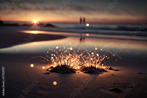 Beautiful sparklers on the sand in the light of the setting sun. Generative AI