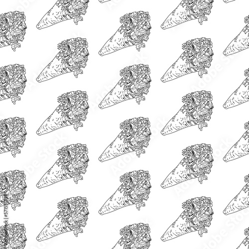 Shawarma Kebab pattern fast food. Seamless pattern. Concept of doner kebab, street food, barbecue, cuisine. Vintage design template, banner. Fresh vegetables. Vector hand drawn sketch illustration.