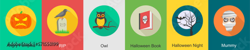 A set of 6 halloween icons as angry pumpkin, rip, owl