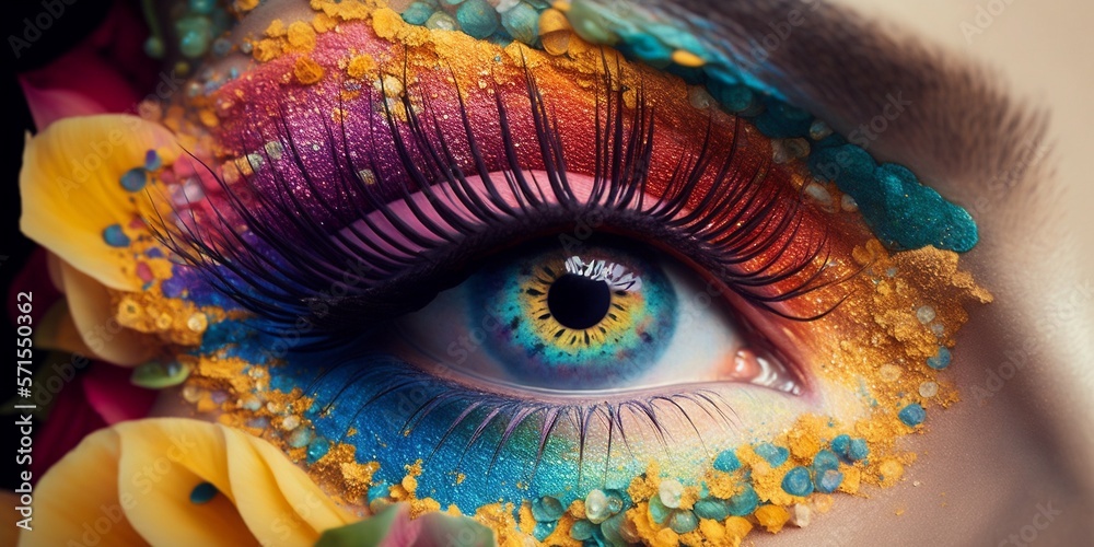 Edel Visagistik am Auge in tollen Farben mit Iris Nahaufnahme, ai generativ