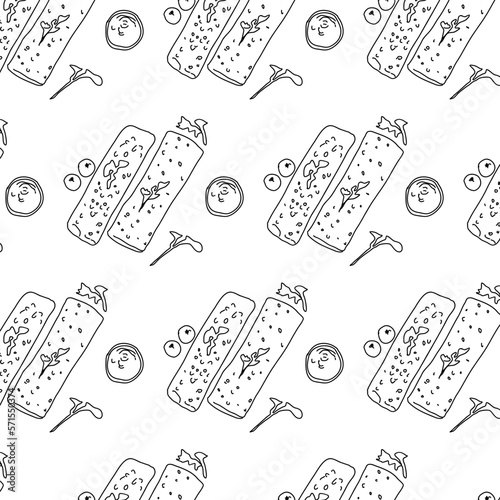 Shawarma Kebab pattern fast food. Seamless pattern. Concept of doner kebab, street food, barbecue, cuisine. Vintage design template, banner. Fresh vegetables. Vector hand drawn sketch illustration.