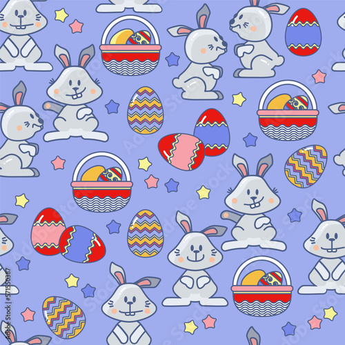 Fototapeta Naklejka Na Ścianę i Meble -  Easter eggs, Bunnies, and basket. Holiday seamless pattern. Vector illustration.