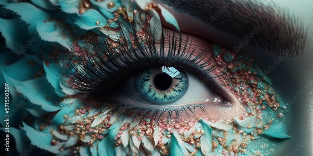 Edel geschminktes Auge in tollen Farben, Iris Fotografie ganz nah, ai generativ