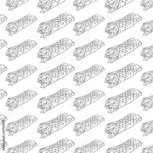 Shawarma Kebab pattern fast food. Seamless pattern. Concept of doner kebab, street food, barbecue, cuisine. Vintage design template, banner. Fresh vegetables. Vector hand drawn sketch illustration.