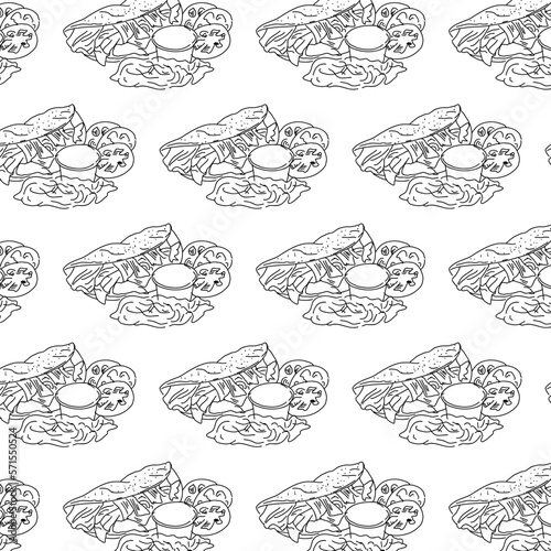 Shawarma Kebab pattern fast food. Seamless pattern. Concept of doner kebab  street food  barbecue  cuisine. Vintage design template  banner. Fresh vegetables. Vector hand drawn sketch illustration.