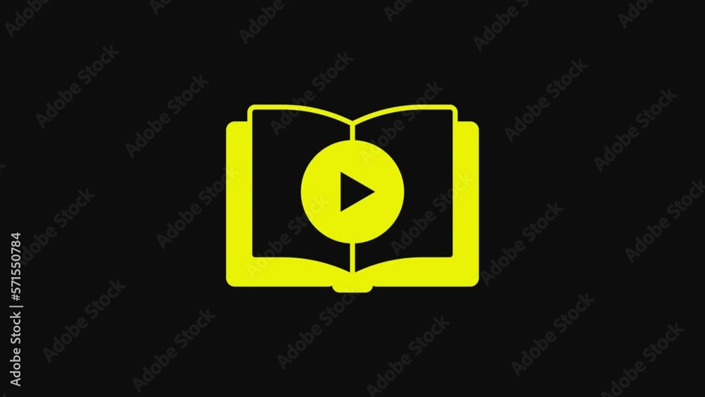 Yellow Audio book icon isolated on black background. Play button and book. Audio guide sign. Online learning concept. 4K Video motion graphic animation