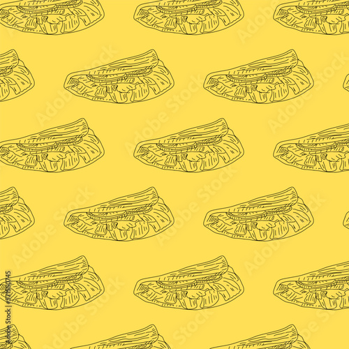 Shawarma Kebab pattern fast food. Seamless pattern. Concept of doner kebab, street food, barbecue, cuisine. Vintage design template, banner. Fresh vegetables. Vector hand drawn sketch illustration.