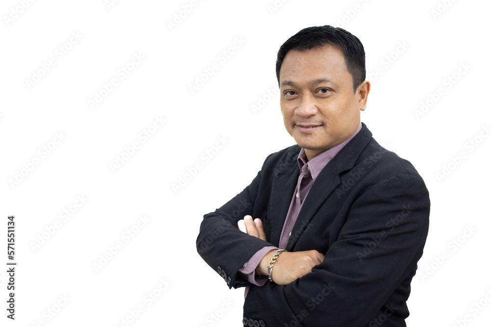 Asian business adult man in black suit with arm crossing stands isolated on white background. Asian business adult man in black suit with arm crossing stands isolated on white background.