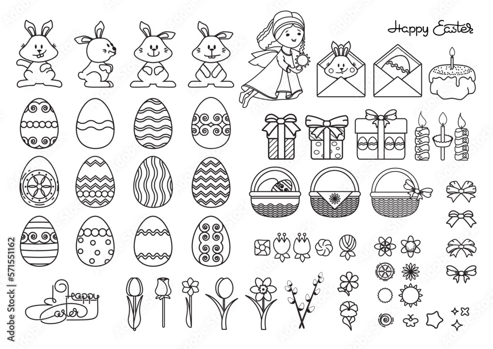 Easter holiday symbols set. Egg, bunny, angel, basket. Vector illustration.