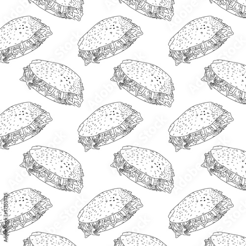 Shawarma Kebab pattern fast food. Seamless pattern. Concept of doner kebab, street food, barbecue, cuisine. Vintage design template, banner. Fresh vegetables. Vector hand drawn sketch illustration.