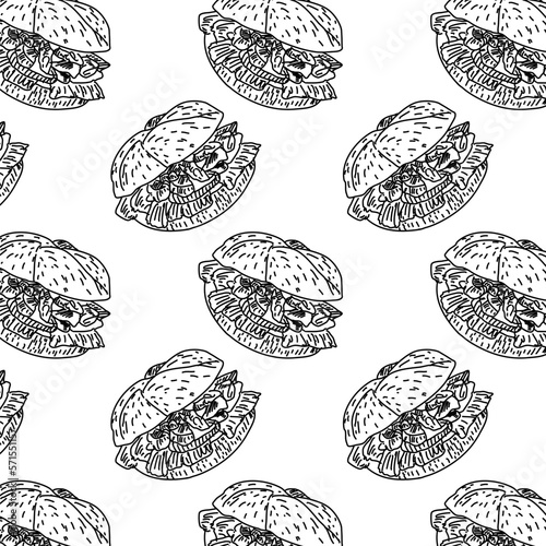 Shawarma Kebab pattern fast food. Seamless pattern. Concept of doner kebab, street food, barbecue, cuisine. Vintage design template, banner. Fresh vegetables. Vector hand drawn sketch illustration.