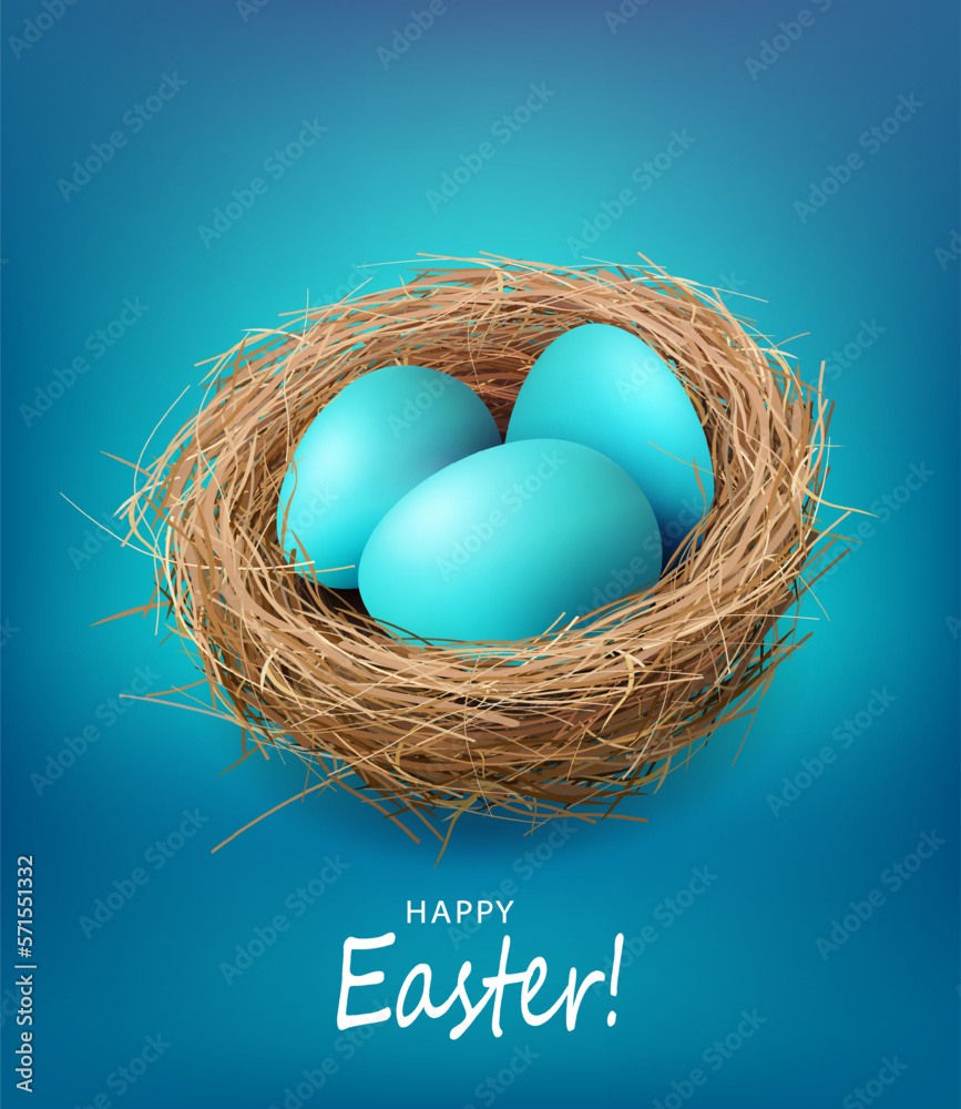 Fototapeta premium Isolated straw nest with Easter eggs, blue postcard