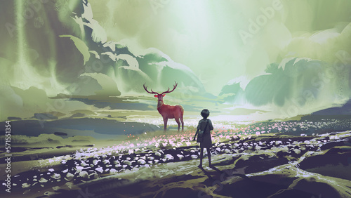 Photographie young girl faced with a red deer on a green hill, digital art style, illustratio