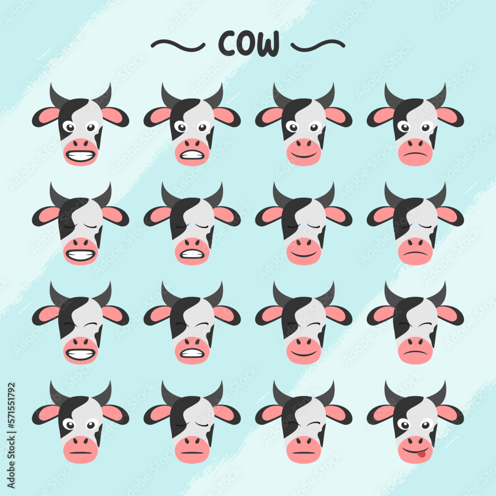 Collection of cow facial expressions in flat design style