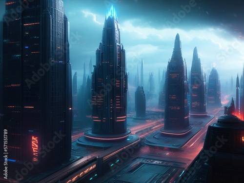 Futuristic city in neon lig...