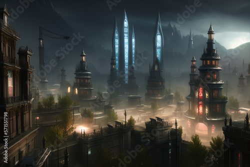 Gothic City with lots of tall buildings, majestic spires, Digital illustration. Generative AI. photo