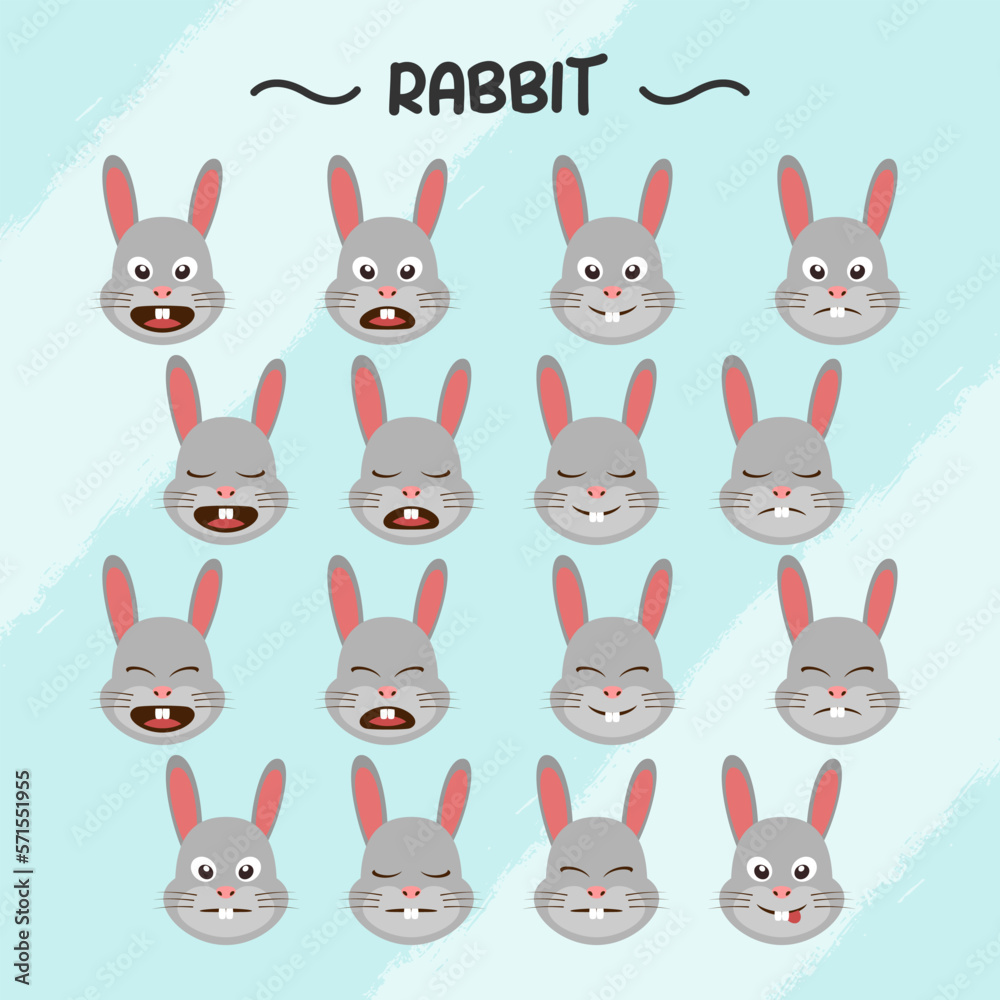 Collection of rabbit facial expressions in flat design style