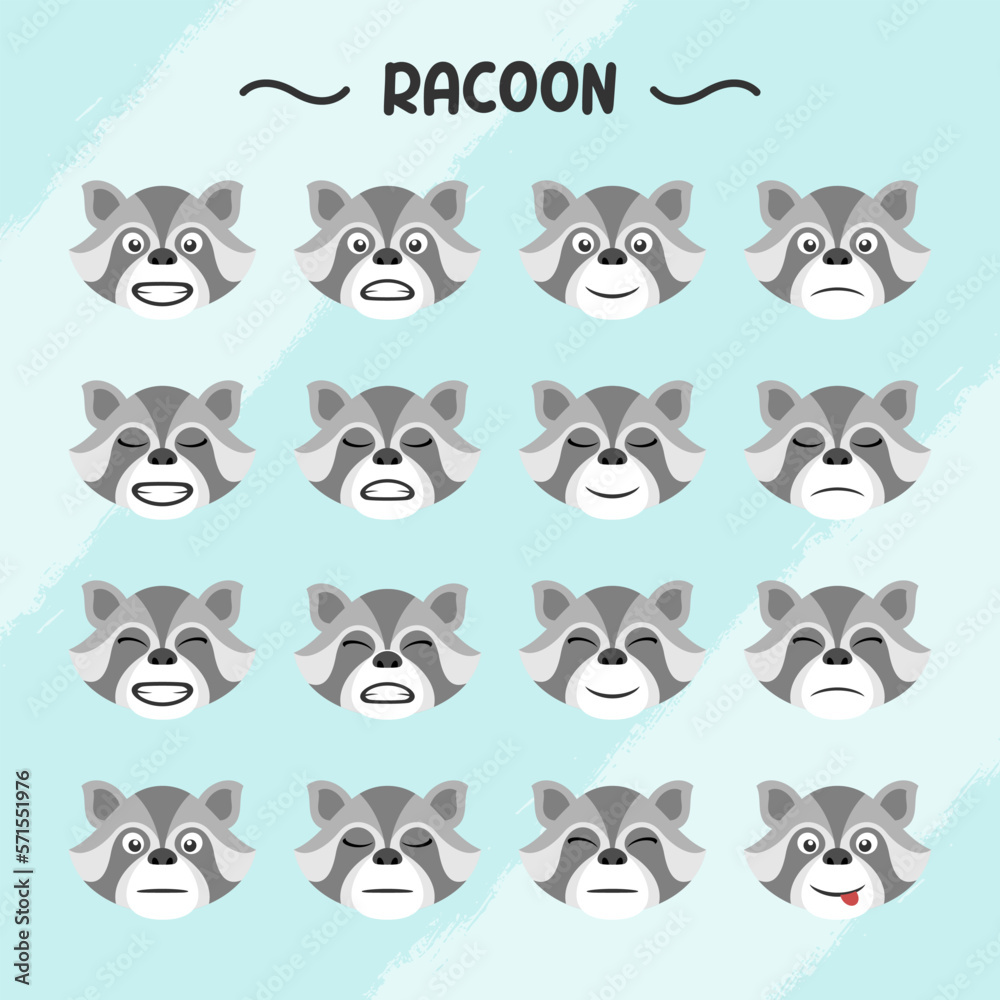 Collection of racoon facial expressions in flat design style