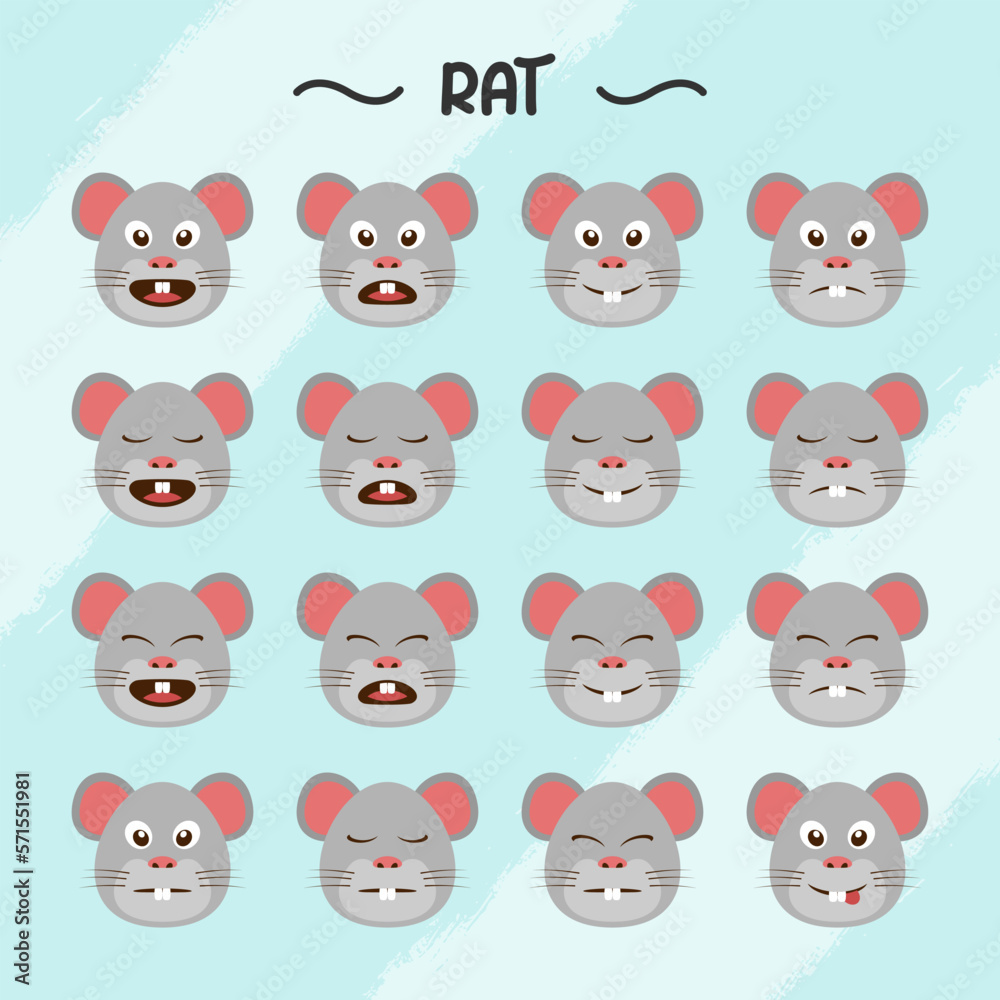 Collection of rat facial expressions in flat design style