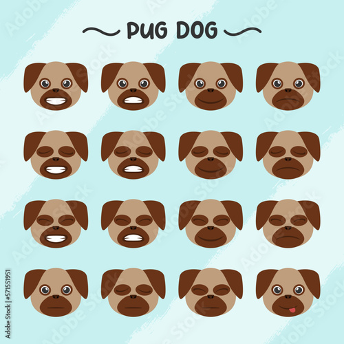 Collection of pug dog facial expressions in flat design style