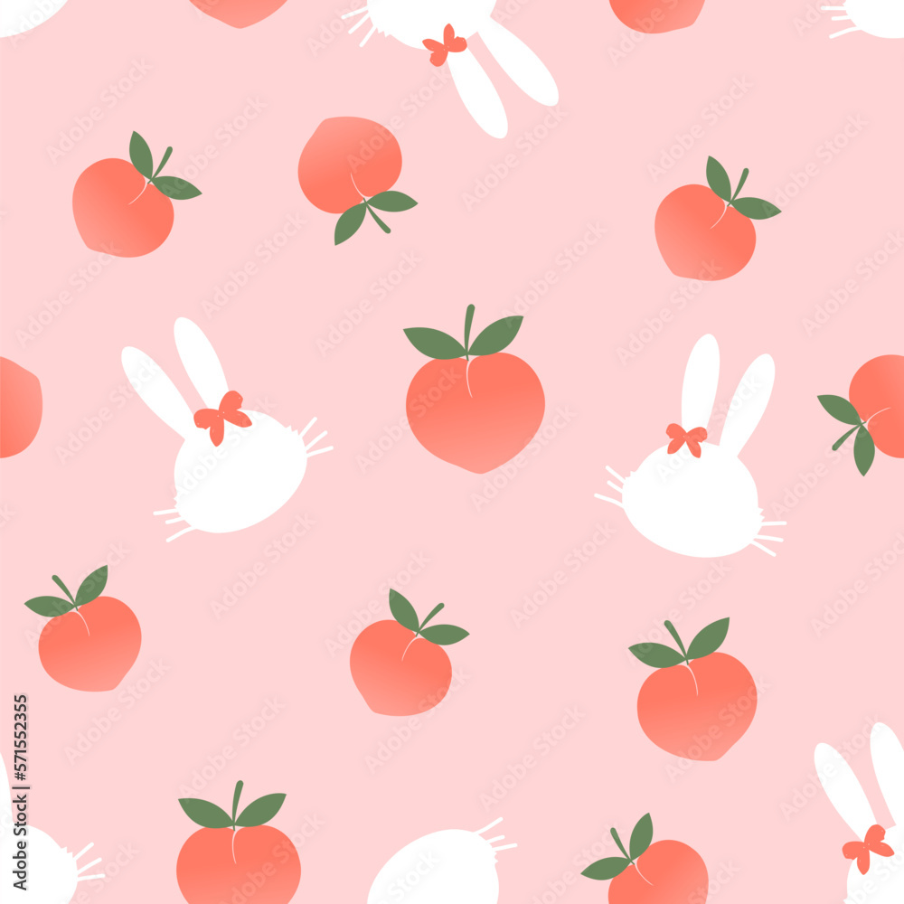 Seamless pattern of pink peach fruit with green leaves and rabbit cartoons on pink background vector. Seamless pattern of pink peach fruit with green leaves and rabbit cartoons on pink background vector.