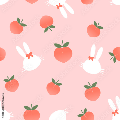 Fototapeta Naklejka Na Ścianę i Meble -  Seamless pattern of pink peach fruit with green leaves and rabbit cartoons on pink background vector.