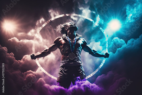AI generated Dynamic and exciting movements of breaking dancers, illustration of enthusiasm, joy or successful achievement, man jumped above the clouds, mystical light and dawn in the background