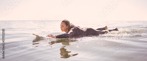 Canvas Print Surfer, woman and swimming in waves, sea and ocean for summer adventure, freedom and sky mockup