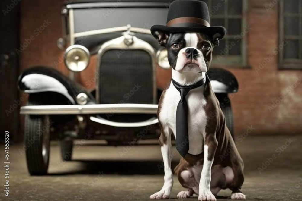 A Boston Terrier Dog in gangster style, dressed to impress in a hat and tie against a background of a vintage roadster car, generative ai