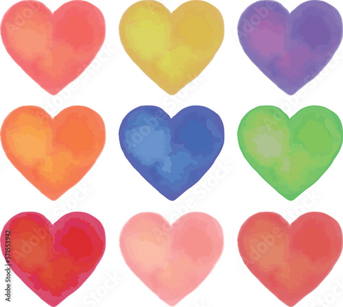 水彩画風のハートのセット｜いろいろな色