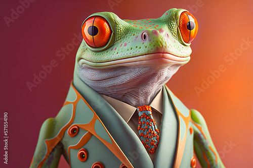 Portrait of a red-eyed tree frog dressed in a formal business suit, person, generative ai