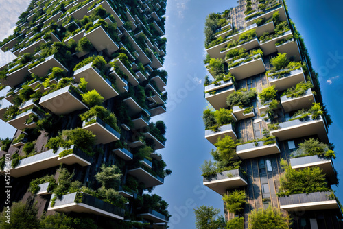 attention on trees and environmentally friendly structures with vertical gardens in contemporary cities. Green workplace office building. Generative AI #571554193