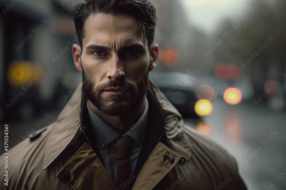Portrait of middle age business man posing in raincoat looking serious isolated against the city, selected focus, early evening,  Created using generative AI tools.