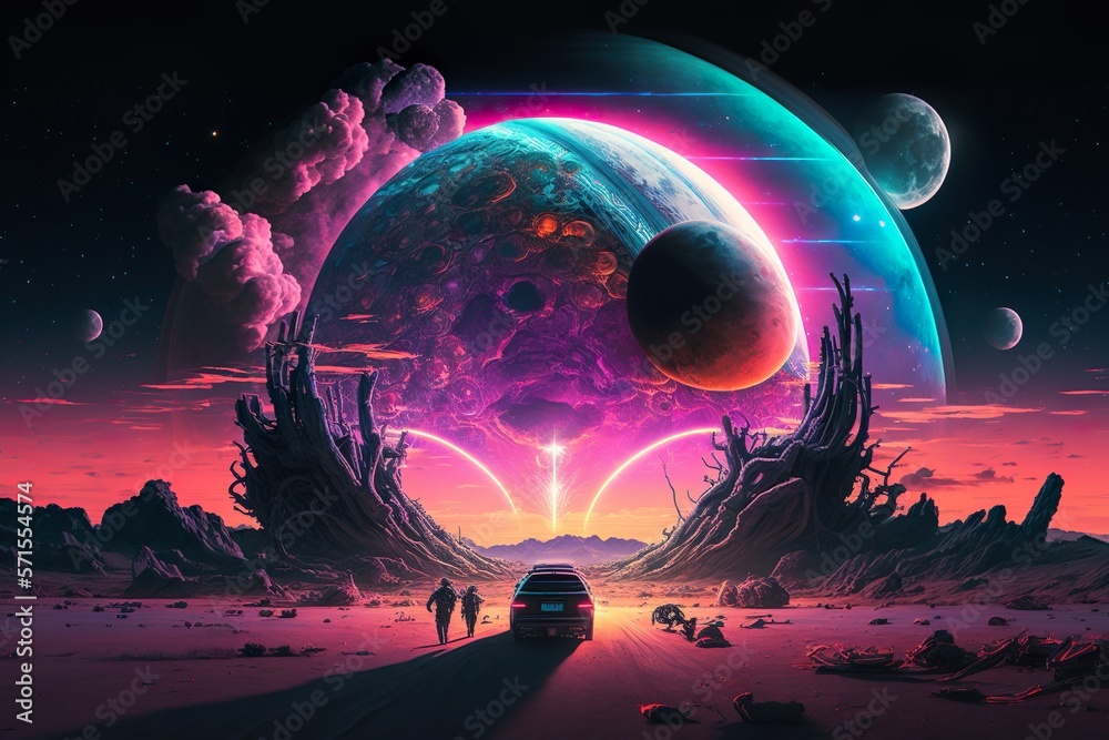 4 astronauts' family driving a river car on Saturn, the Saturn's ring