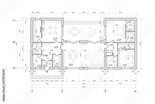 Architectural plan of a one-story manor house with a large terrace. The layout of an individual one-story house with two bedrooms, a kitchen, a living room, two bathrooms, dressing rooms, storage room