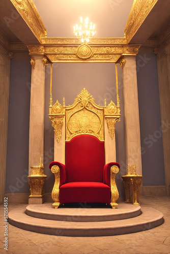 front view of empty royal throne chair made of gold and red material in a room with a gold frame and a chandelier hanging from the ceiling, wall generative AI 