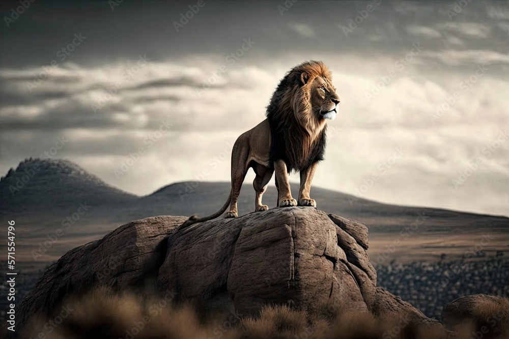 Standing tall and regal atop a little hill, a lone lion. Generative AI