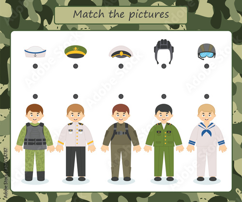 Game for kids. Profession card. Set  of people in different military uniforms. Military educational activity. Find a match pichture.  Preschool worksheet activity for children. Vector illustration photo