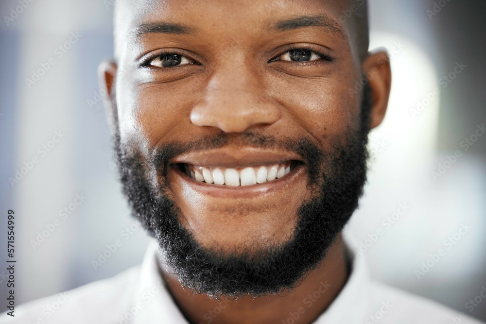 Obraz premium Black man, happy business and portrait smile of financial manager, corporate executive and trust in office. Face, happiness and vision of employee, worker and leader with motivation of growth mindset